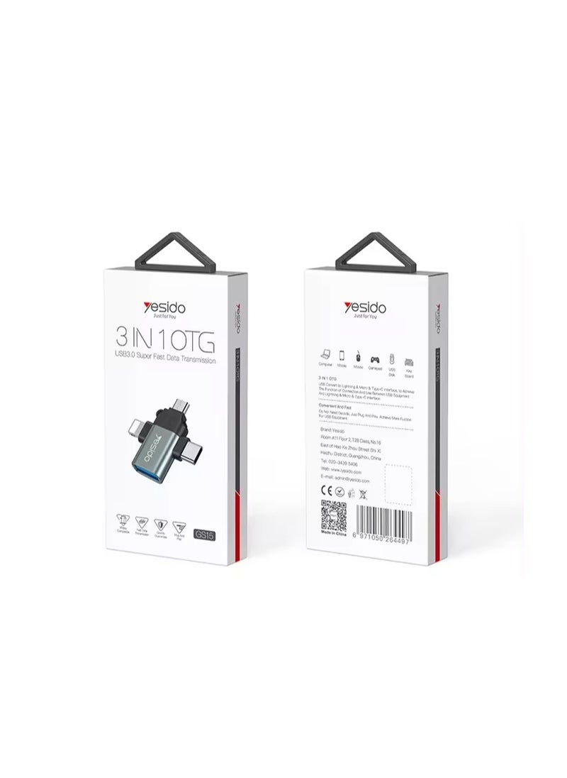 Yesido - Yesido 3-in-1 USB-C to Micro 8-Pin OTG Adapter Mobile Phone to USB 3.0 for IP for Computer Use - Image 1