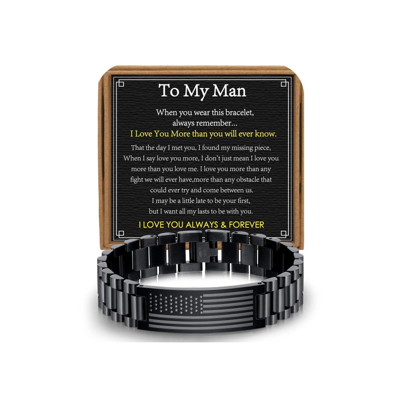 VULETO Bracelet Gifts for Men, To My Man Bracelet Stainless Steel American Flag Link Bracelets Unique Birthday Anniversary Military Valentines Christmas Jewelry Gifts Idea Presents for Him Husband Boyfriend Male - Image 1