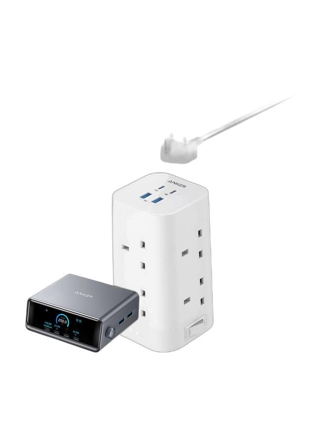 Prime 250W USB C Charger, Ultra-Fast 6-Port GaN Charging Station, 2.26" LCD Display and Smart Control Dial, Compatible with MacBook Pro/Air, iPhone 17/16/15, Huawei, Samsung, iPad and More & Tower Extension Lead with USB Slots, 12-in-1 Surge Protector Plug Extension Socket with Switch (13A, 2990W), 20W USB C Fast Charging Power Strip, 8 AC Outlets, 4 USB Ports, 2m Extension Cable Bundle