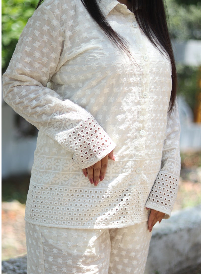TUMMY White Cotton Chikan 2pc Shirt Pant Stylish Cordset - Image 2