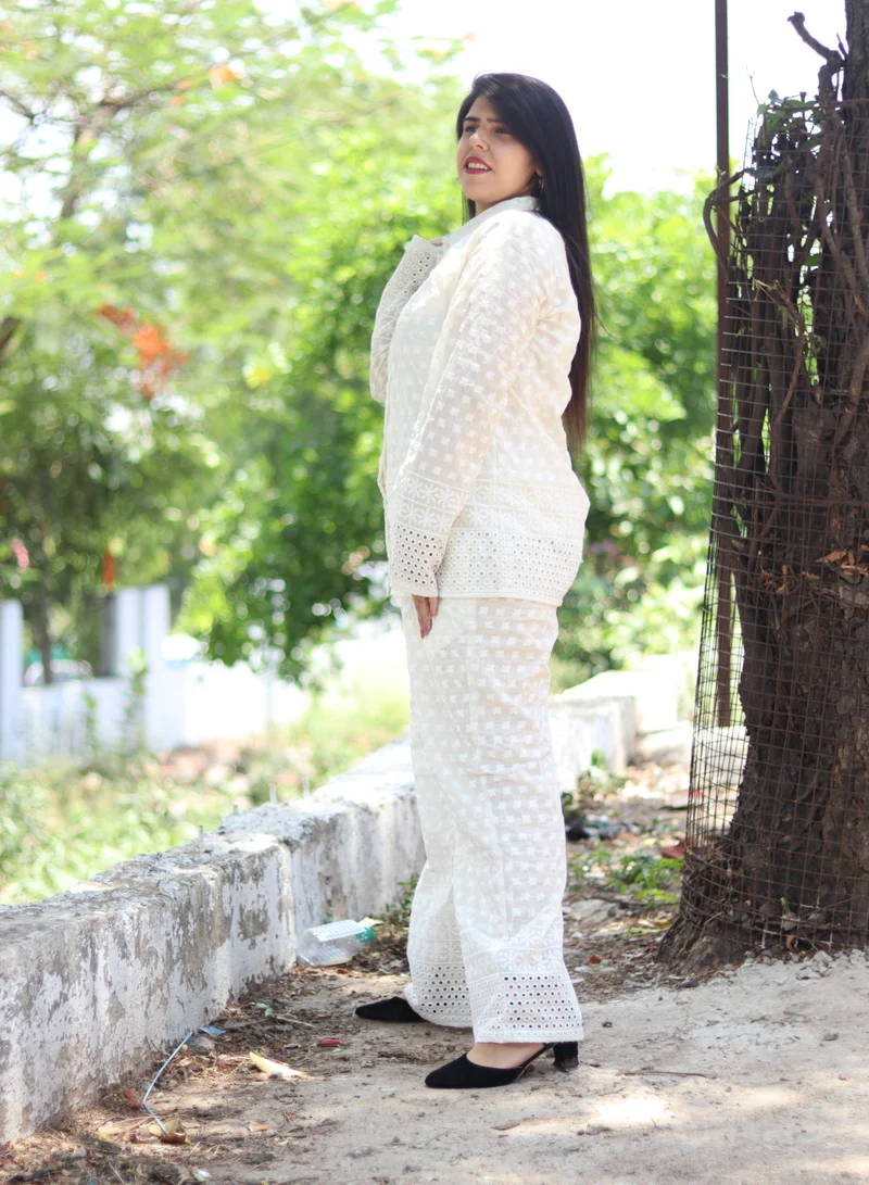 TUMMY TUMMY White Cotton Chikan 2pc Shirt Pant Stylish Cordset