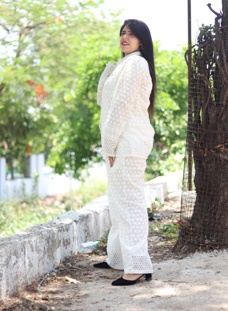TUMMY White Cotton Chikan 2pc Shirt Pant Stylish Cordset - Image 4