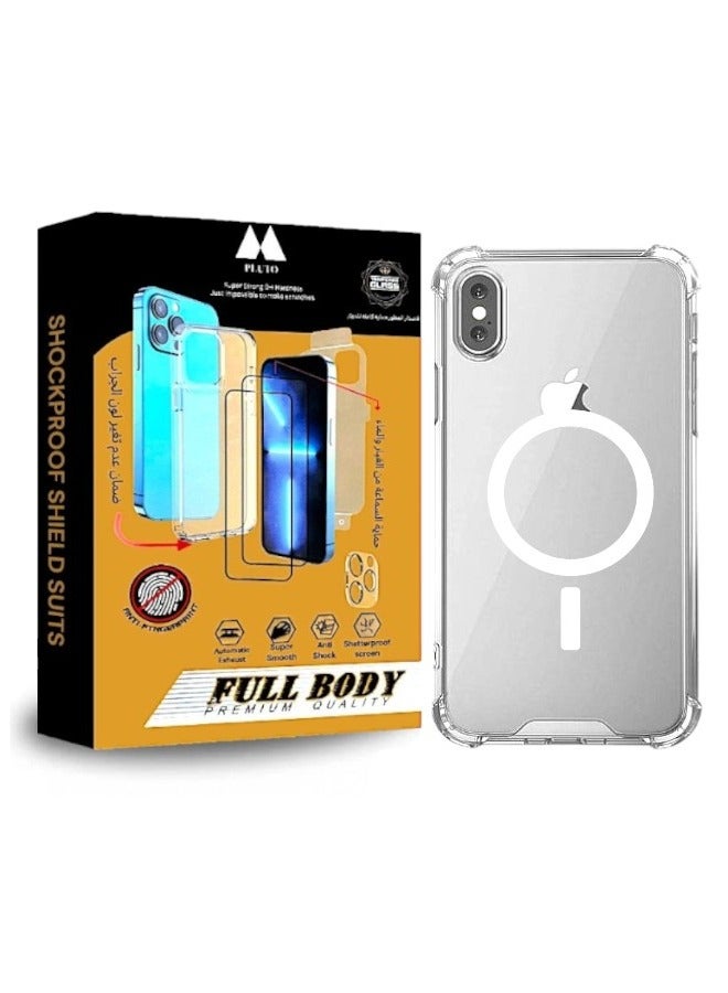 بلوتو بكج الحماية الكاملة لآيفون اكس (iPhone X) البكج الأقوى الأصلي من بلوتو (10in1), جراب حماية يدعم الشحن اللاسلكي MagSafe, حماية شاشة الجوال, حماية عدسات الكاميرا - Image 1