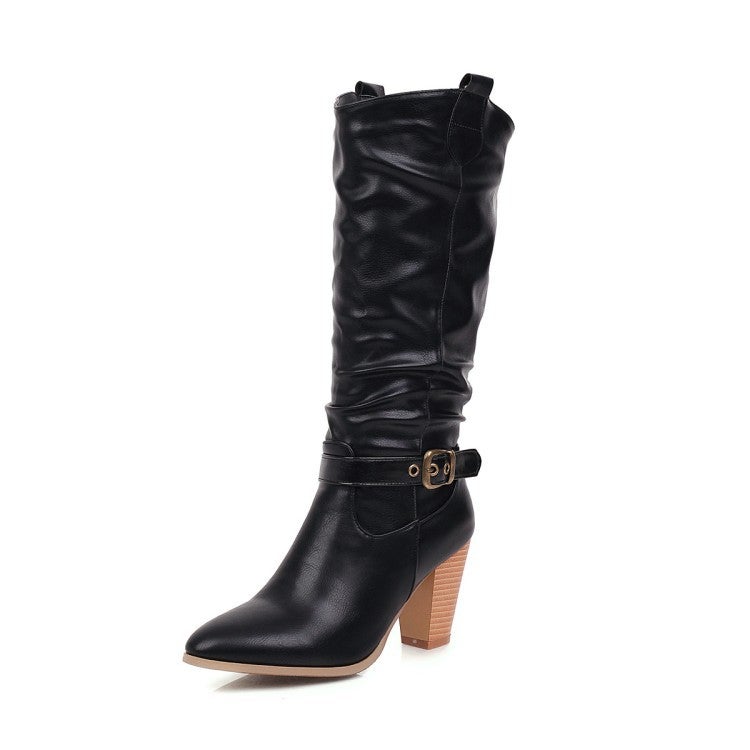 40-47 Export Coffee Rain Belt Buckle Wood Grain Thick High Heel Sleeve Knight High Boots W360 - Image 1
