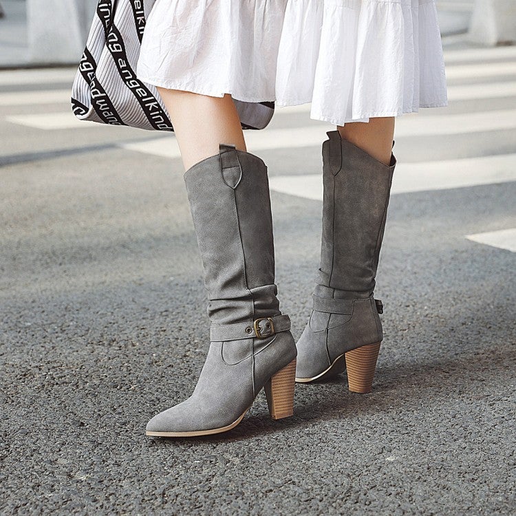 40-47 Export Coffee Rain Belt Buckle Wood Grain Thick High Heel Sleeve Knight High Boots W360 - Image 4