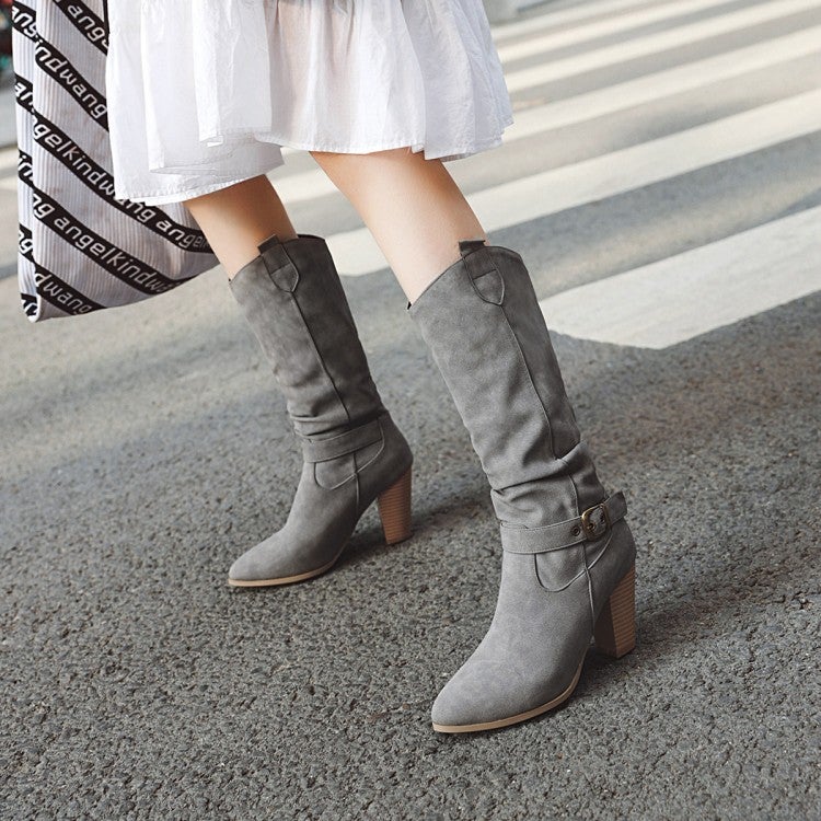 40-47 Export Coffee Rain Belt Buckle Wood Grain Thick High Heel Sleeve Knight High Boots W360 - Image 5