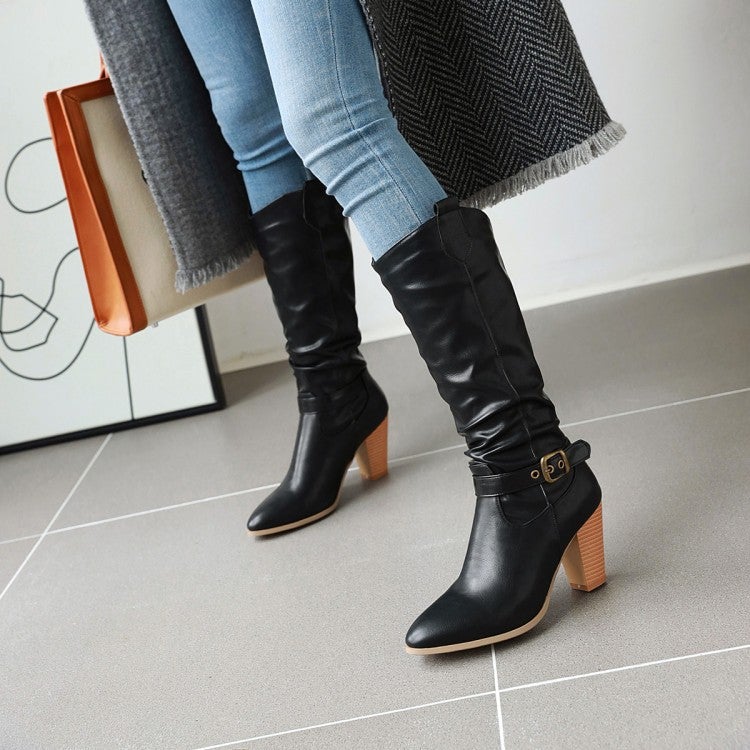 40-47 Export Coffee Rain Belt Buckle Wood Grain Thick High Heel Sleeve Knight High Boots W360 - Image 2