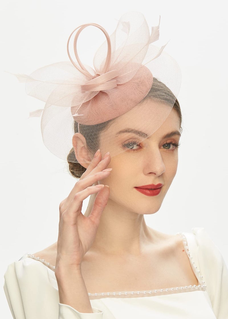 Cizoe Tea Party Fascinator Kentucky Derby Hat Fascinator Pillbox Hat Headband for Cocktail(A-Blush Pink - Image 4