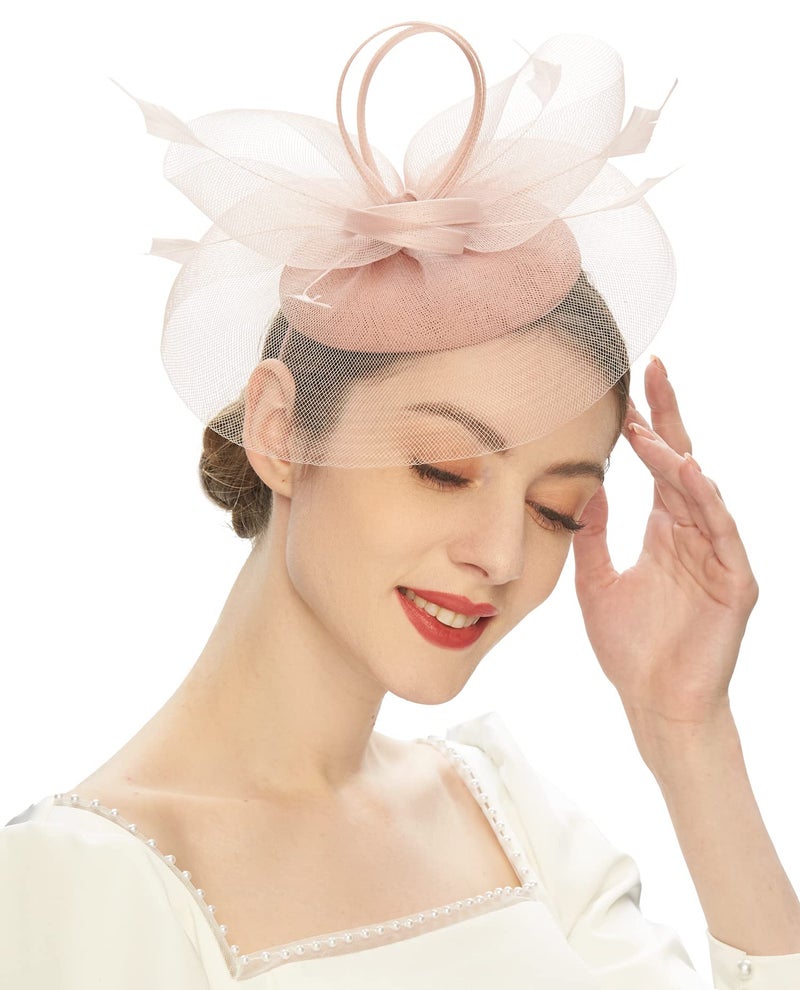 Cizoe Tea Party Fascinator Kentucky Derby Hat Fascinator Pillbox Hat Headband for Cocktail(A-Blush Pink - Image 1