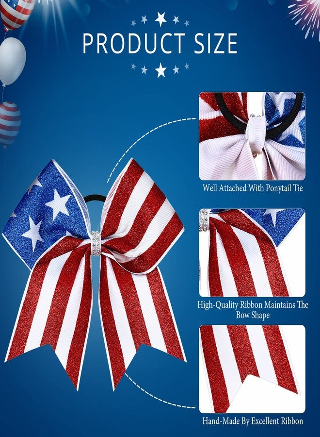 Hanaive 10 Pcs 4th of July Glitter Cheer Hair Bows 8'' Patriotic Cheerleader Hair Bows Red White Blue America Flag Hair Bow with Elastic Ponytail Holder Independence Day Hair Accessory for Kids (Classic) - Image 2