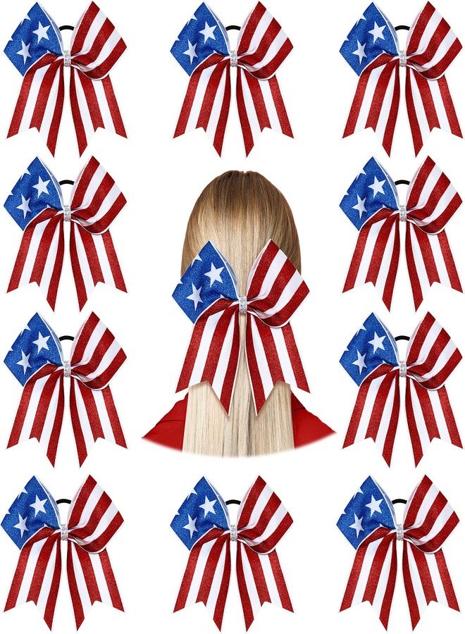 Hanaive 10 Pcs 4th of July Glitter Cheer Hair Bows 8'' Patriotic Cheerleader Hair Bows Red White Blue America Flag Hair Bow with Elastic Ponytail Holder Independence Day Hair Accessory for Kids (Classic) - Image 1