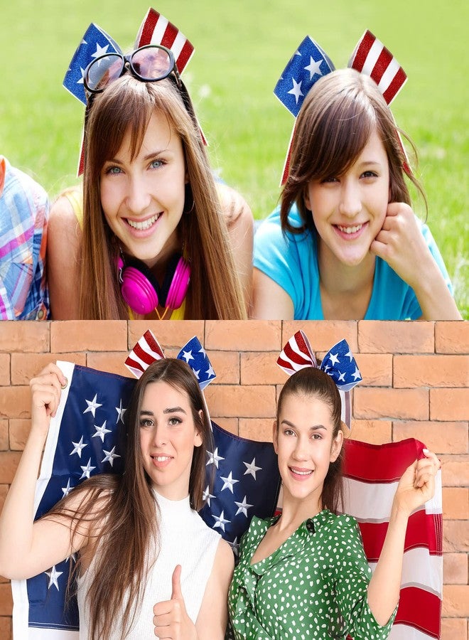Hanaive 10 Pcs 4th of July Glitter Cheer Hair Bows 8'' Patriotic Cheerleader Hair Bows Red White Blue America Flag Hair Bow with Elastic Ponytail Holder Independence Day Hair Accessory for Kids (Classic) - Image 4