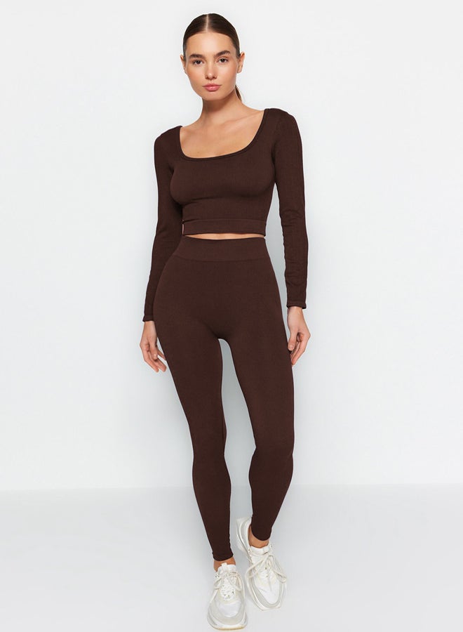 trendyol Dark Brown Seamless Full Length Knitted Sports Tights TWOAW20TA0071  - Image 2