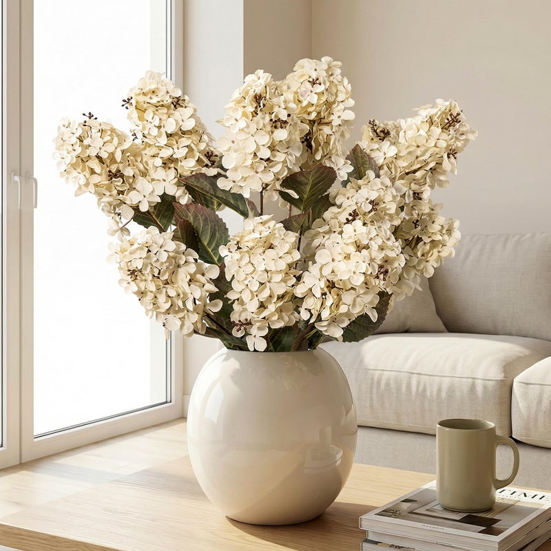 Ttranewsoo Hydrangea Artificial Flowers,Fall Hydrangeas Artificial Flowers, Fake Fall Dried Hydrangea Decoration,Faux Silk Flower with Stems Winter Decor Without Vaseï¼ˆCream White 8PCS - Image 4
