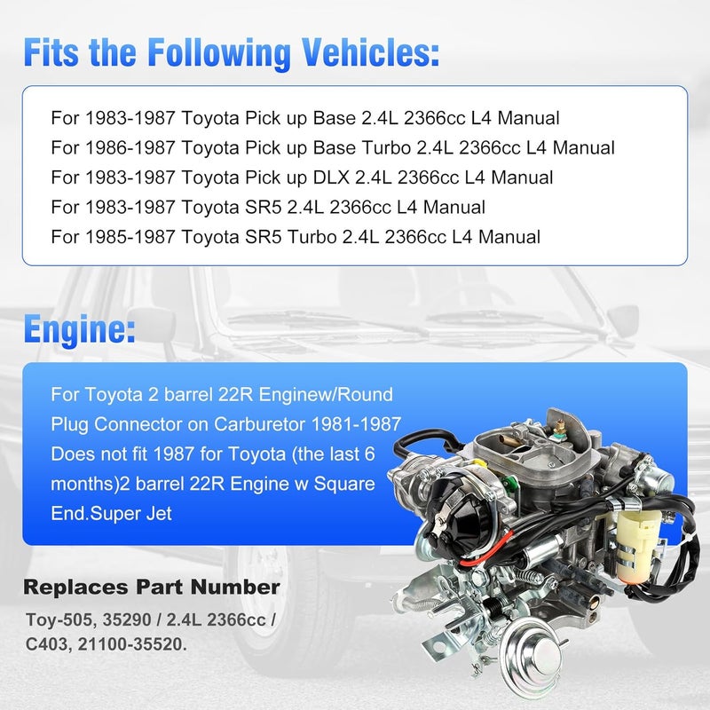 PARTOL 22R Carburetor for Toyota Pickup Carburetor 1981-1987 TOY-505 TOY-507 2.4L Carburetor Carb, Automatic Choke (35290/2.4L 2366cc/C4036) - Image 2