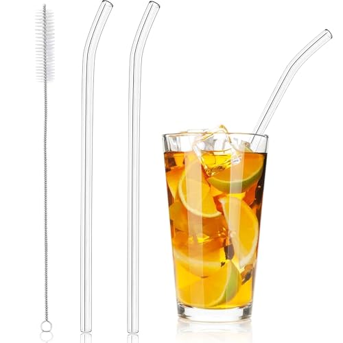 MADHYA Reuseble Transparent Glass Straws with Cleaning Brush, Clear Reusable Elegant Alternate to Stainless Steel for Drinking Juice, Smoothie, Milkshakes, Tea, 2 Bend Straws and 1 Cleaner Brush - Image 1