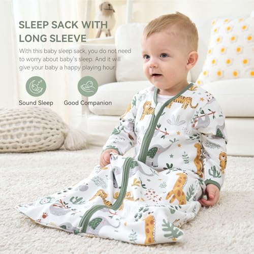 FIEMOL Baby Sleep Sack 6-12 Months, Long Sleeve Baby Wearable Blanket 0.5 Tog with Mittens, 2-Way Zipper Infant Cotton Sleeping Sack for Boy and Girl Green Giraffe 2 Pack (Medium) - Image 2