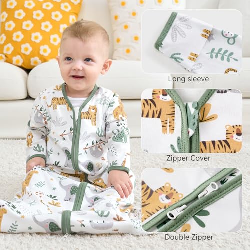 FIEMOL Baby Sleep Sack 6-12 Months, Long Sleeve Baby Wearable Blanket 0.5 Tog with Mittens, 2-Way Zipper Infant Cotton Sleeping Sack for Boy and Girl Green Giraffe 2 Pack (Medium) - Image 3