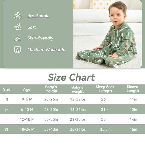 FIEMOL Baby Sleep Sack 6-12 Months, Long Sleeve Baby Wearable Blanket 0.5 Tog with Mittens, 2-Way Zipper Infant Cotton Sleeping Sack for Boy and Girl Green Giraffe 2 Pack (Medium) - Image 4