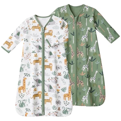 FIEMOL Baby Sleep Sack 6-12 Months, Long Sleeve Baby Wearable Blanket 0.5 Tog with Mittens, 2-Way Zipper Infant Cotton Sleeping Sack for Boy and Girl Green Giraffe 2 Pack (Medium) - Image 1