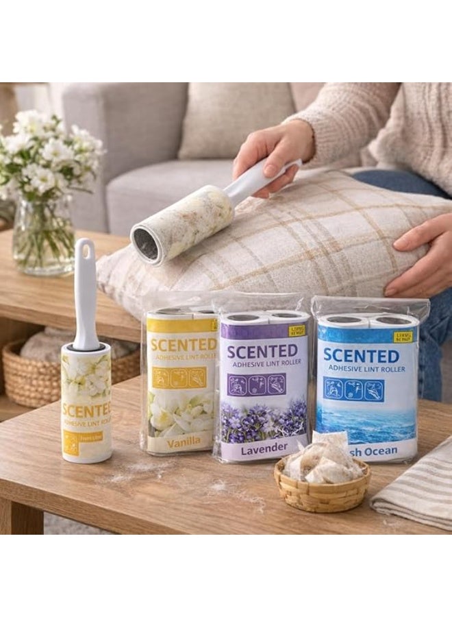بكرة لاصقة معطرة لإزالة الوبر مع 2 عبوة إضافية، منظف لاصق لإزالة غبار الشعر والملابس والأثاث والأرائك والسجاد وفراء الحيوانات الأليفة، برائحة عشوائية. - Image 3