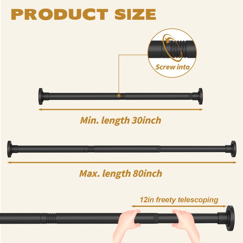 Thestoa Shower Curtain Rod Adjustable 30-80" with Holder, Anti-Rust Shower Rod & Spring Tension Shower Rod No Drill, Black Shower Curtain Rod for Bathroom Tension Rod - Image 5