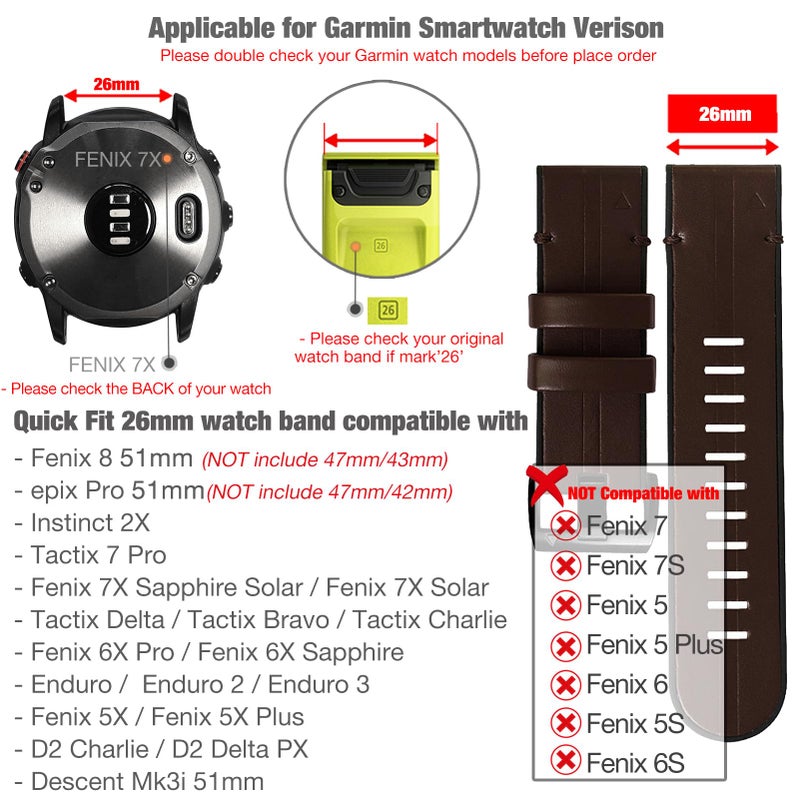 Abanen for Garmin Fenix 7X / Fenix 6X / Fenix 5X Watch Band, Quick Easy Fit 26mm Soft Genuine Leather Hybrid Silicone Sweatproof Wristband Strap for Fenix 5X Plus,Tactix Delta,Fenix 3,Enduro (Coffee) - Image 4
