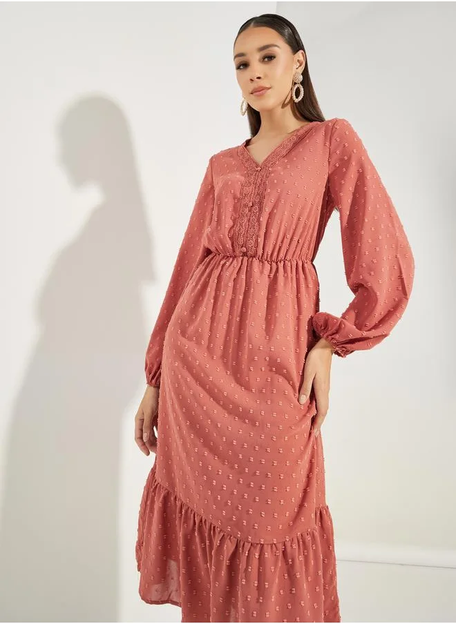 Styli Dobby Lace Insert A-Line Midi Dress