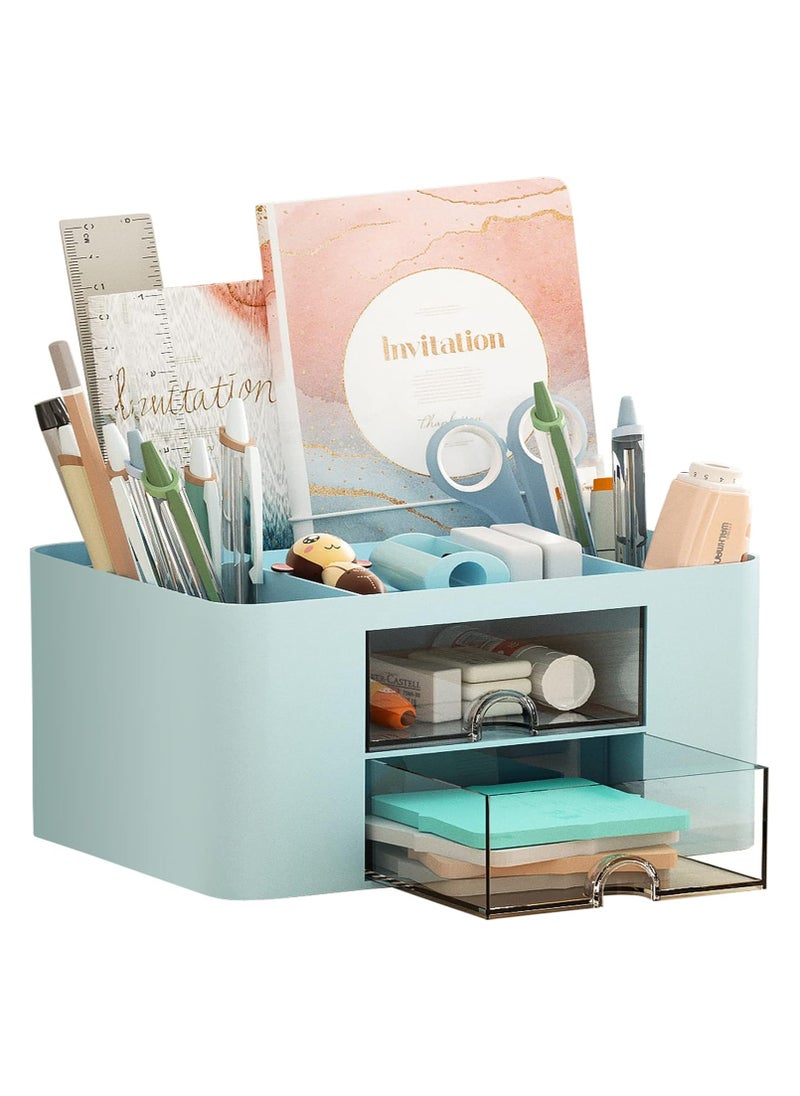 Pen Organizer with 2 Drawer, Multi-Functional Pencil Holder for Desk, Desk Organizers and Accessories with 5 Compartments + Drawer for Office Art Supplies (Blue)