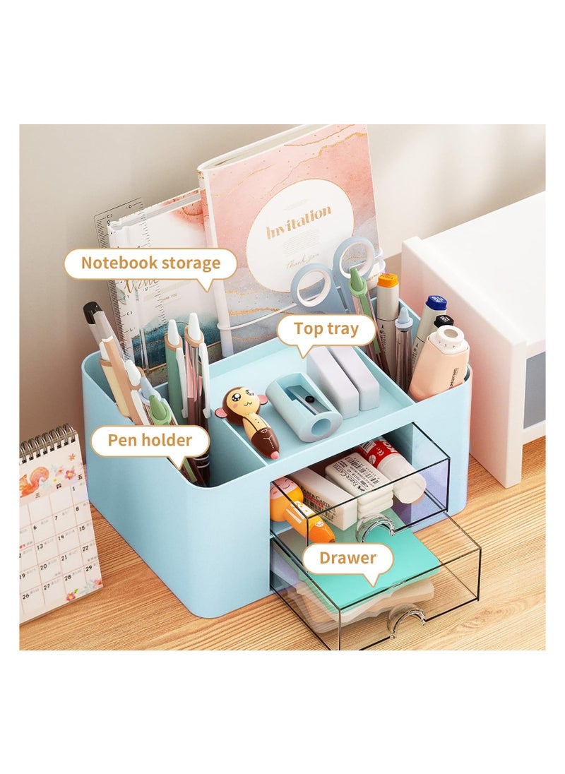 Pen Organizer with 2 Drawer, Multi-Functional Pencil Holder for Desk, Desk Organizers and Accessories with 5 Compartments + Drawer for Office Art Supplies (Blue)