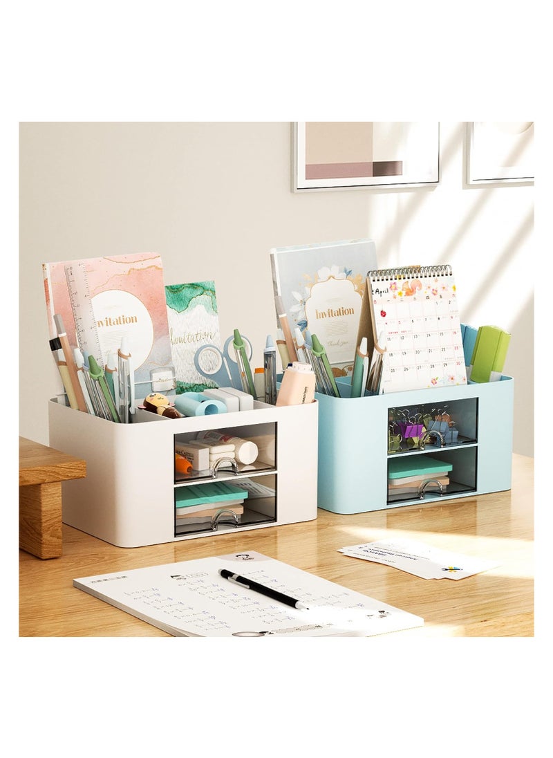 Pen Organizer with 2 Drawer, Multi-Functional Pencil Holder for Desk, Desk Organizers and Accessories with 5 Compartments + Drawer for Office Art Supplies (Blue)