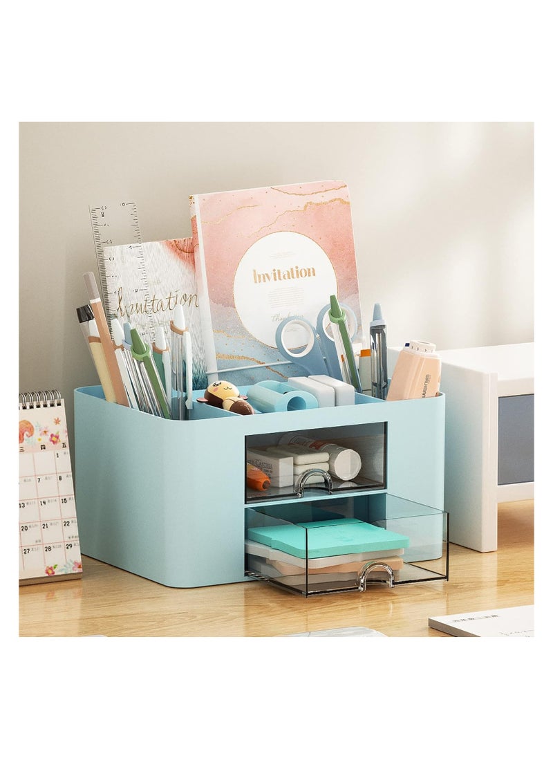 Pen Organizer with 2 Drawer, Multi-Functional Pencil Holder for Desk, Desk Organizers and Accessories with 5 Compartments + Drawer for Office Art Supplies (Blue)