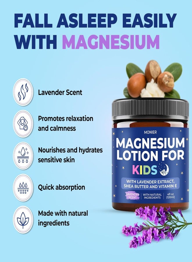 MONIER Magnesium Lotion for Kids - Relaxing Magnesium Cream with Lavender, Shea Butter, Aloe Vera - 100% Natural Ingredients (4 oz, Unscented) - Image 2