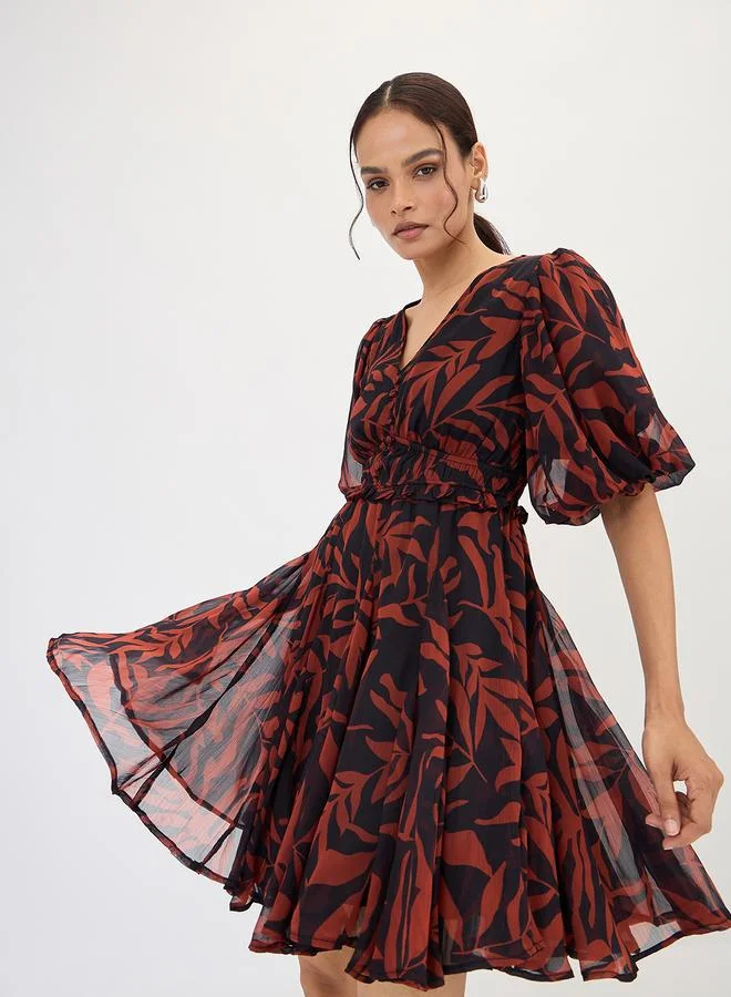 Femmella Black and Brown Leaf Printed Puff Sleeve Mini Dress