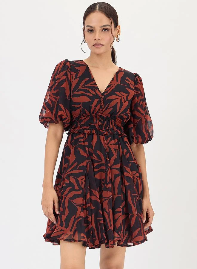 Black and Brown Leaf Printed Puff Sleeve Mini Dress