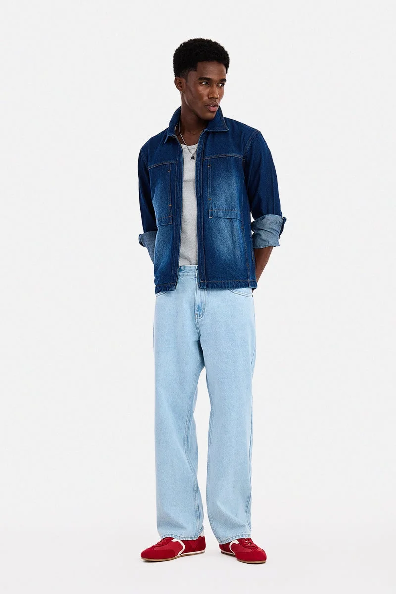 سنيتش Indigo Solid Long Sleeve Regular Fit Streetwear Overshirt