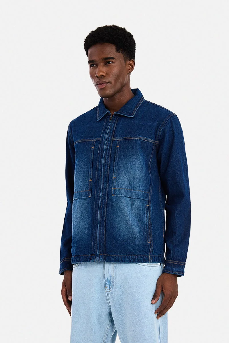 سنيتش Indigo Solid Long Sleeve Regular Fit Streetwear Overshirt