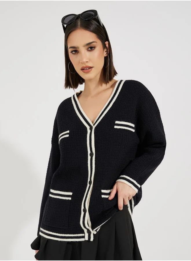 Styli Regular Fit Longline Cardigan with Contrast Detailing