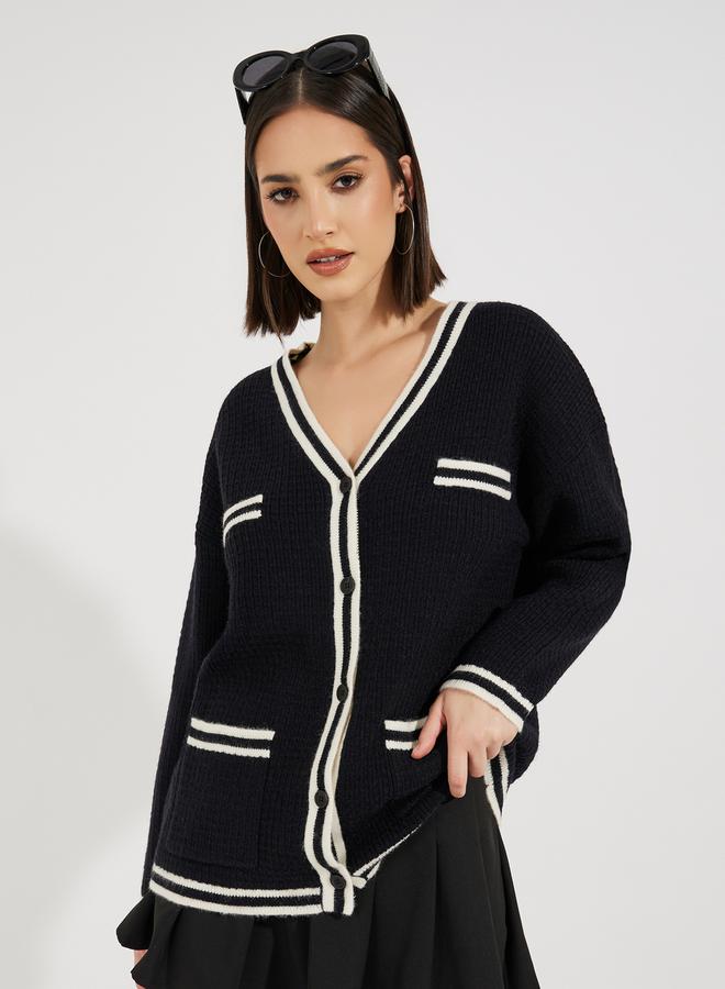 Styli Regular Fit Longline Cardigan with Contrast Detailing  - Image 1