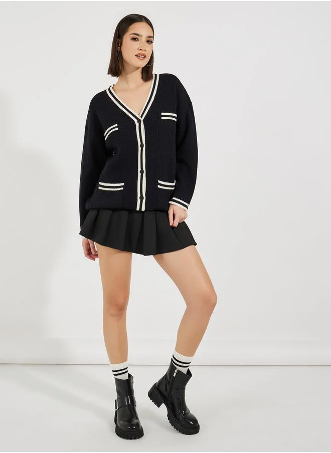 Styli Regular Fit Longline Cardigan with Contrast Detailing