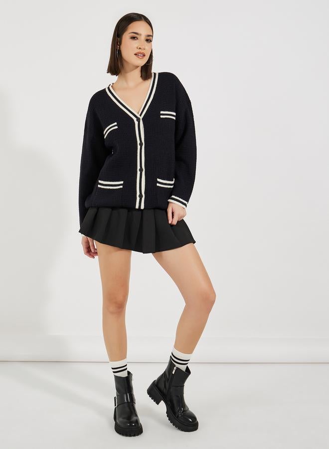 Styli Regular Fit Longline Cardigan with Contrast Detailing  - Image 2