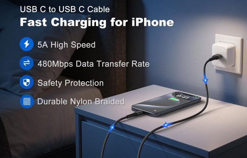 Uyoung USB C to USB C Cable [240W, 6FT 2Pack] Type C Charger Fast Charging Cord Braided USBC Cables for iPhone 17 Pro Max, 16 15, iPad Pro/Air, Apple MacBook, S25/S24 Phones, Laptops - Black - Image 4