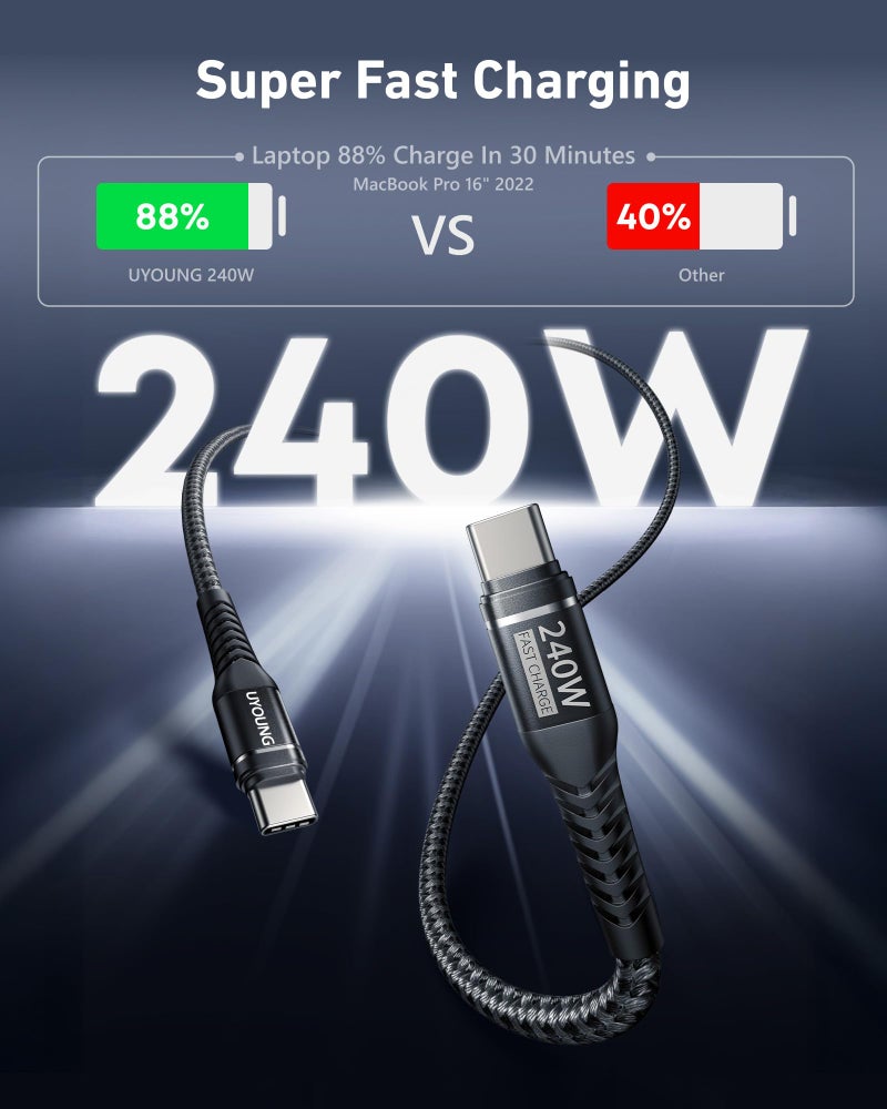 Uyoung USB C to USB C Cable [240W, 6FT 2Pack] Type C Charger Fast Charging Cord Braided USBC Cables for iPhone 17 Pro Max, 16 15, iPad Pro/Air, Apple MacBook, S25/S24 Phones, Laptops - Black - Image 2