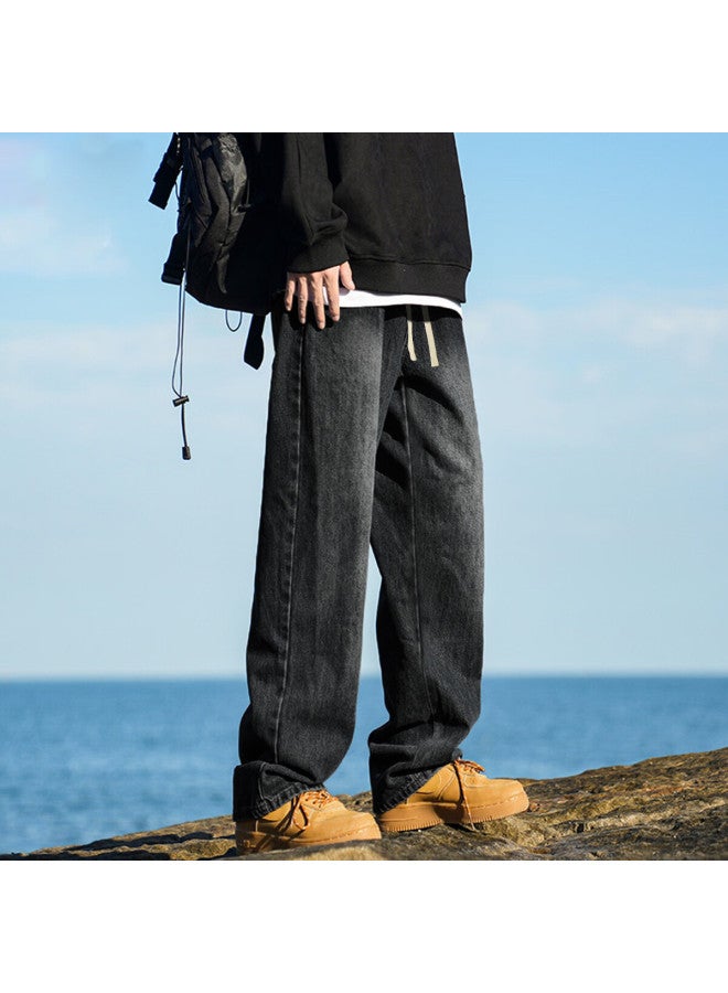 Tonlion Autumn Winter Men's Drawstring Straight-leg Fleece-lined Jeans - Image 1