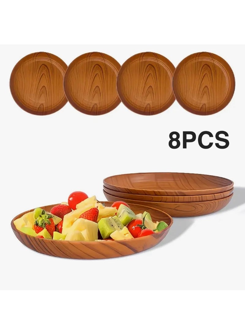 8PCS 20cm Round Wood Grain Serving Plates – Lightweight Unbreakable PP Plastic, Dessert & Fruit Plates, Dinnerware Set for Home, Kitchen, Picnic & Camping - Image 1