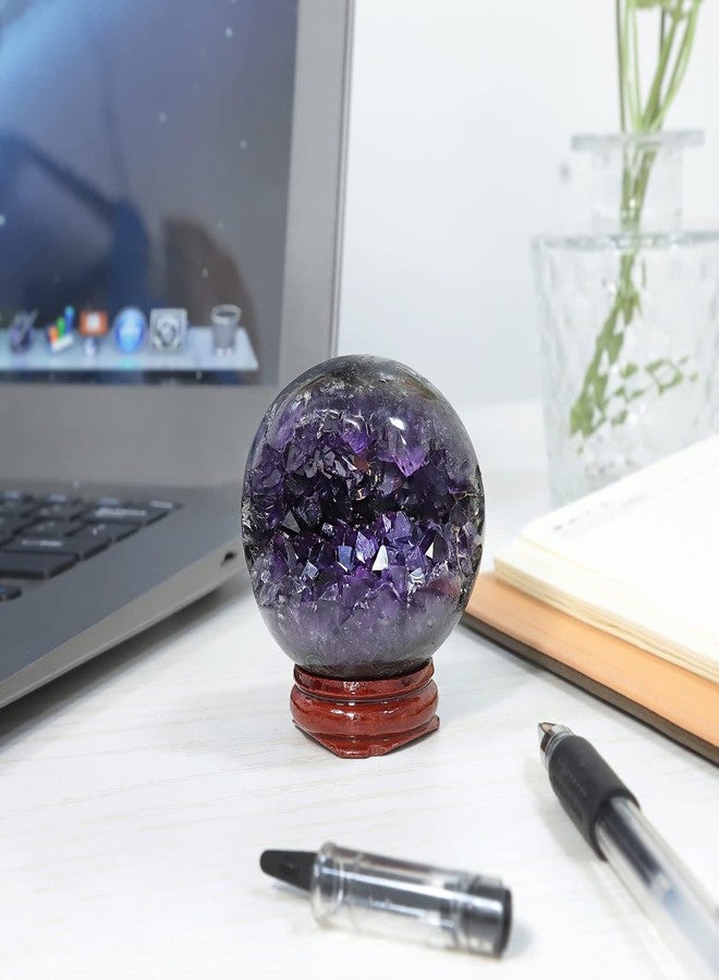 Rockcloud Natural Amethyst Druzy Geode Crystal Ball Healing Stone Sphere Ball for Home Decoration Meditation with Wooden Base, 2.01-2.36 inches - Image 5