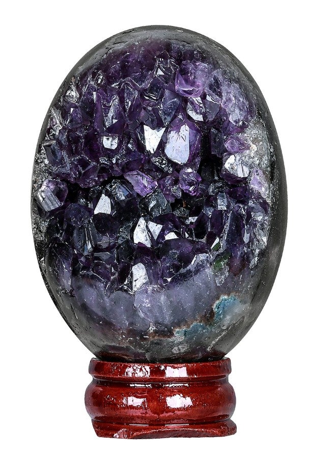 Rockcloud Natural Amethyst Druzy Geode Crystal Ball Healing Stone Sphere Ball for Home Decoration Meditation with Wooden Base, 2.01-2.36 inches - Image 1