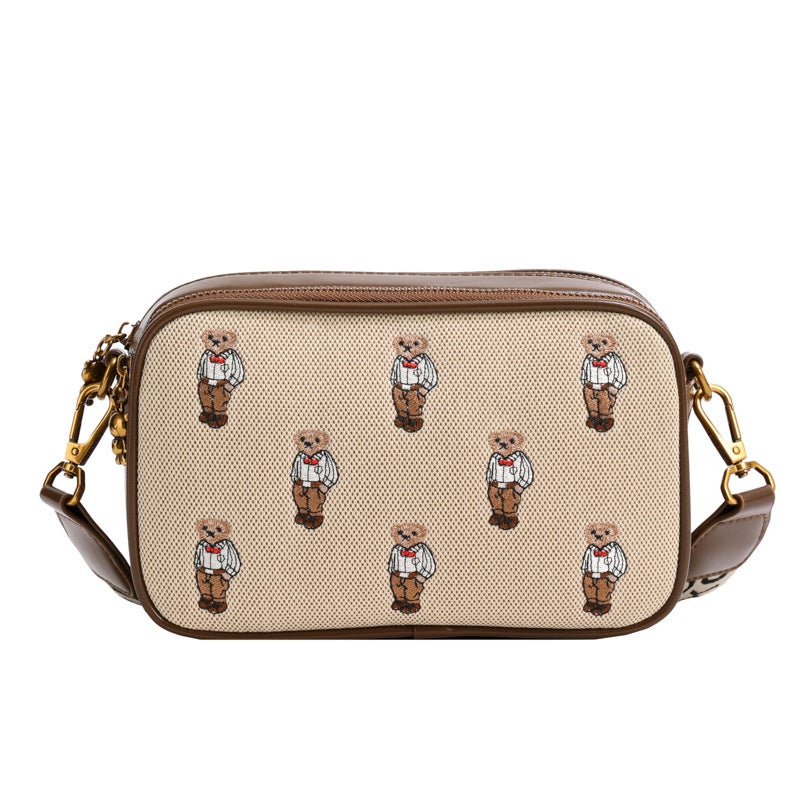 Genuine Embroidered Canvas Leather Womens Satchel 2023 White shirt bear 