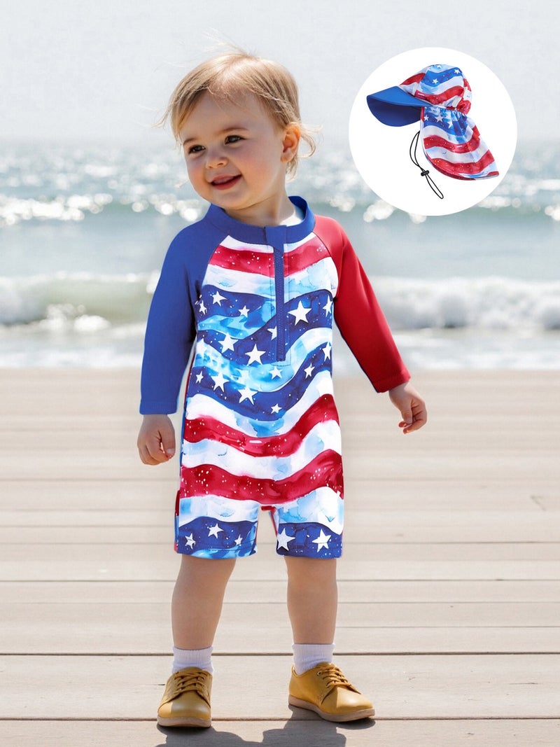 Kids Boys Patriotic Swimwear Summer Star Striped Prints Zipper Rash Guard Swimsuit and Hat Beachwear Bathing Suit - Image 2