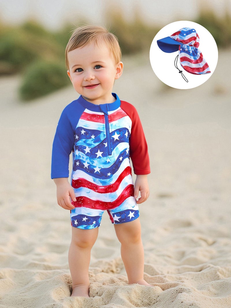 Kids Boys Patriotic Swimwear Summer Star Striped Prints Zipper Rash Guard Swimsuit and Hat Beachwear Bathing Suit - Image 1